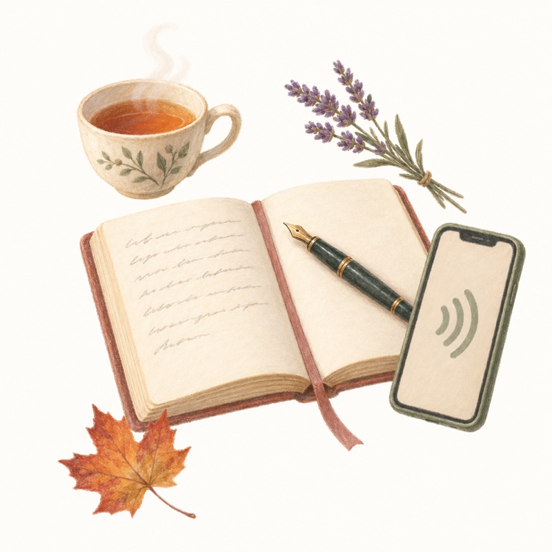 An open diary with a fountain pen, and a phone listening beside it