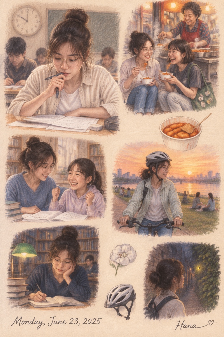 Hana's diary page painted in soft pastel: the exam, the tteokbokki, tutoring, the river ride, the library and the firefly
